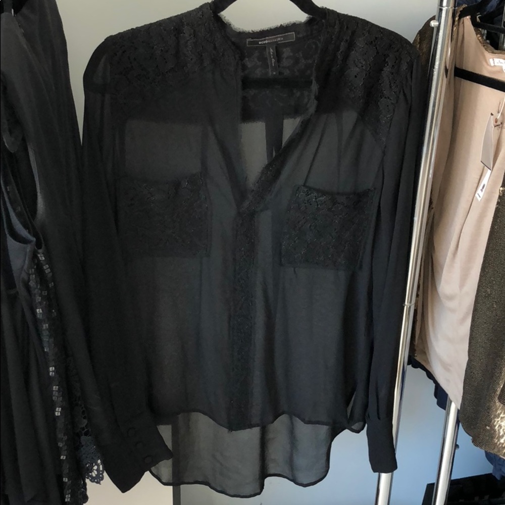 BCBG Sheer Black Top With Lace Detail